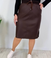 Юбка женская из экокожи и трикотажа карандаш с карманами на резинке со шнурком с разрезом повседневная весенняя