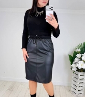 Юбка женская из экокожи и итальянского трикотажа карандаш миди на резинке со шнурком с карманами и разрезом повседневная