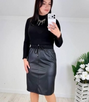 Юбка женская из экокожи и итальянского трикотажа карандаш миди на резинке со шнурком с карманами и разрезом повседневная