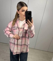 Сорочка женская из байки в клетку оверсайз с длинным рукавом с воротником на пуговицах весенняя