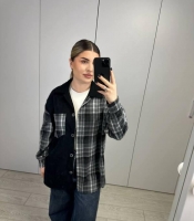 Сорочка женская из байки комбинированная в клетку оверсайз на пуговицах с длинным рукавом удлиненная весенняя