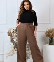 Брюки-палаццо женские из трикотажа тринитка на флисе на резинке с карманами широкие утепленные повседневные весенние