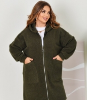 Кардиган женский из альпаки с капюшоном на молнии удлиненный оверсайз с накладными карманами теплый повседневный