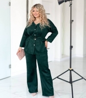 Костюм-двойка женский из замши на дайвинге: рубашка на пуговицах с поясом и брюки палаццо весенний