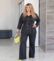 Костюм-двойка женский из замши на дайвинге: рубашка на пуговицах с поясом и брюки палаццо весенний