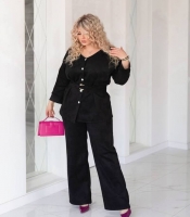 Костюм-двойка женский из замши на дайвинге: рубашка на пуговицах с поясом и брюки палаццо весенний