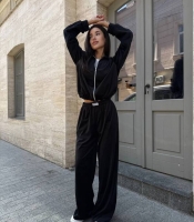 Спортивный костюм женский из велюра с худи на молнии с капюшоном и широкими брюками оверсайз повседневный демисезонный