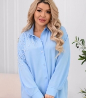 Рубашка женская из софта удлиненная оверсайз на пуговицах с жемчужным декором