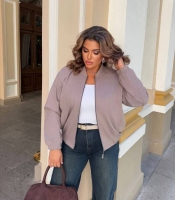 Бомбер женский из шерсти кашемир ялинка оверсайз на молнии с карманами без капюшона весенний