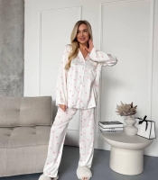 Пижама-двойка женская из шелка рубашка и брюки с принтом весенняя