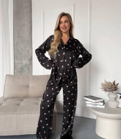 Пижама-двойка женская из шелка рубашка и брюки с принтом на пуговицах весенняя