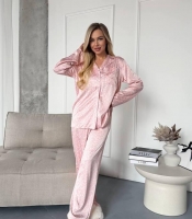 Пижама-двойка женская из шелка рубашка и брюки с принтом на пуговицах весенняя