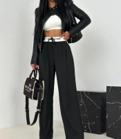 Брюки-палаццо женские из костюмной ткани на резинке с завязками широкие с карманами весенние