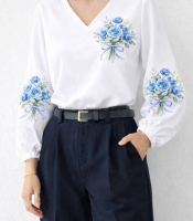 Блуза женская из софта с цветочным принтом с V образным вырезом с длинными рукавами на резинке весенняя