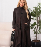 Платье-туника женское из двунитки и жатой плащевки на молнии с воротником-стойкой с карманами и шнуровкой миди весеннее