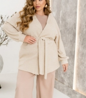 Кардиган женский из альпаки на запах с поясом и карманами короткий весенний