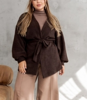 Кардиган женский из альпаки на запах с поясом и карманами удлинённый весенний