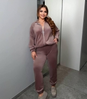 Спортивный костюм-двойка женский велюровый: кофта на молнии с карманами и утяжкой по низу и джоггеры с высокой посадкой демисезонный