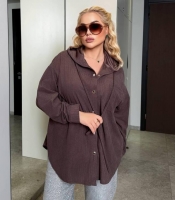Рубашка женская вельветовая оверсайз с капюшоном на кнопках с длинным рукавом демисезонная