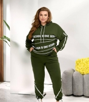 Прогулочный костюм-двойка женский из двунитки: худи с капюшоном и джоггеры с лампасами и надписью оверсайз весенний
