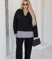 Костюм-двойка женский из двунитки и хлопка: удлиненная туника свободного кроя с V-образным вырезом и прямые брюки повседневный оверсайз весенний