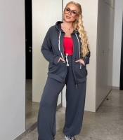 Спортивный костюм женский из двунитки с кофтой на молнии и капюшоном брюками палаццо с фиксаторами оверсайз демисезонный