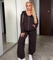 Спортивный костюм женский из двунитки с кофтой на молнии и капюшоном брюками палаццо с фиксаторами оверсайз демисезонный