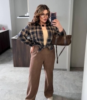 Брюки женские из вельвета палаццо с высокой посадкой широкого кроя с карманами весенние