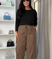 Брюки женские хлопковые из микровельвета прямого кроя с высокой посадкой демисезонные