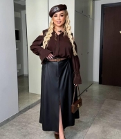 Юбка женская из экокожи А-силуэта миди с высокой посадкой весенняя