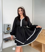 Платье-трапеция женское из евро-костюмки свободного кроя с длинным рукавом кружевным декором и поясом весеннее