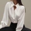 Блуза женская шелковая свободного кроя с длинным рукавом и воротником-чокером на пуговицах демисезонная  k-127977