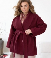 Пальто женское укороченное двубортное из кашемира с поясом и карманами весеннее
