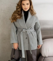 Пальто женское из кашемира твида укороченное двубортное с поясом на подкладке весеннее