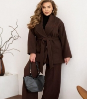 Пальто женское из кашемира твида укороченное двубортное с поясом на подкладке весеннее