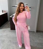 Костюм двойка женский велюровый и трикотажный с лонгсливом в рубчик и брюками палаццо весенний