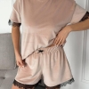 Пижама женская велюровая домашняя шорты и футболка с коротким рукавом и кружевной отделкой демисезонная  k-128025