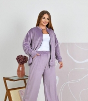 Спортивный костюм женский из велюра с курткой на молнии и широкими брюками оверсайз демисезонный