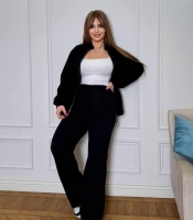 Спортивный костюм женский из вельвета и трикотажа двойка: кофта на молнии с утяжкой и прямые расширенные брюки весенний