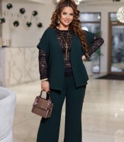Костюм-тройка женский с гипюровой блузой жилетом и прямыми брюками из креп-дайвинга нарядно-деловой весенний