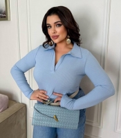 Лонгслив женский из рубчика с воротником поло весенний