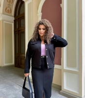 Костюм женский из джинс коттона двойка бомбер и юбка карандаш с высокой талией деловой повседневный большие размеры