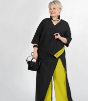 Костюм женский из креп дайвинга двойка блуза с имитацией запаха и асимметричным низом с брюками повседневный большие размеры