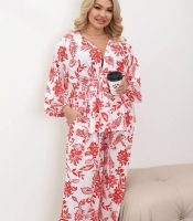 Костюм-двойка женский из софта с рубашкой на запах под пояс и широкими брюками весенний