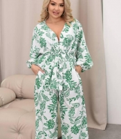 Костюм-двойка женский из софта с рубашкой на запах под пояс и широкими брюками весенний