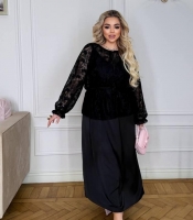 Платье-двойка женское из шелка дабл и кружева свободного кроя с объемными рукавами макси весеннее