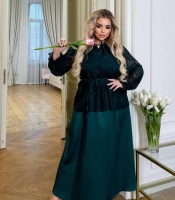 Платье-двойка женское из шелка дабл и кружева свободного кроя с объемными рукавами весеннее