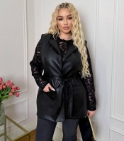 Костюм-двойка женский из кружева и эко кожи: лонгслив и удлинённая жилетка весенний