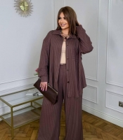 Костюм-двойка женский льняной в полоску оверсайз с рубашкой и широкими брюками весенний