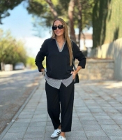 Костюм-двойка женский из двунитки и хлопка оверсайз с удлиненной туникой и брюками весенний